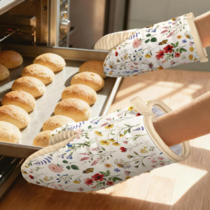 Floral Cotton Oven Mitts with Silicone Grip for Baking and Cooking