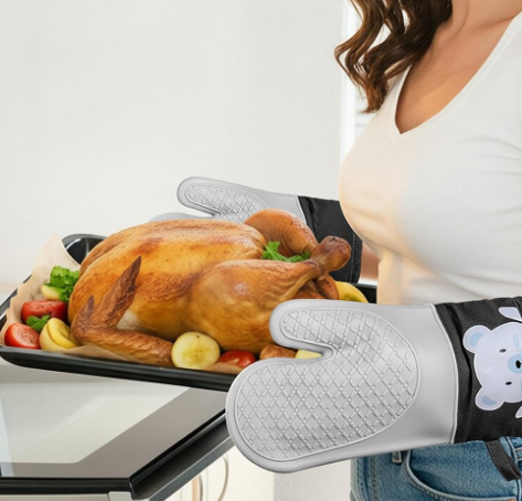 Heat Resistant Silicone Oven Gloves with Soft Cotton Lining for Cooking - Image 2